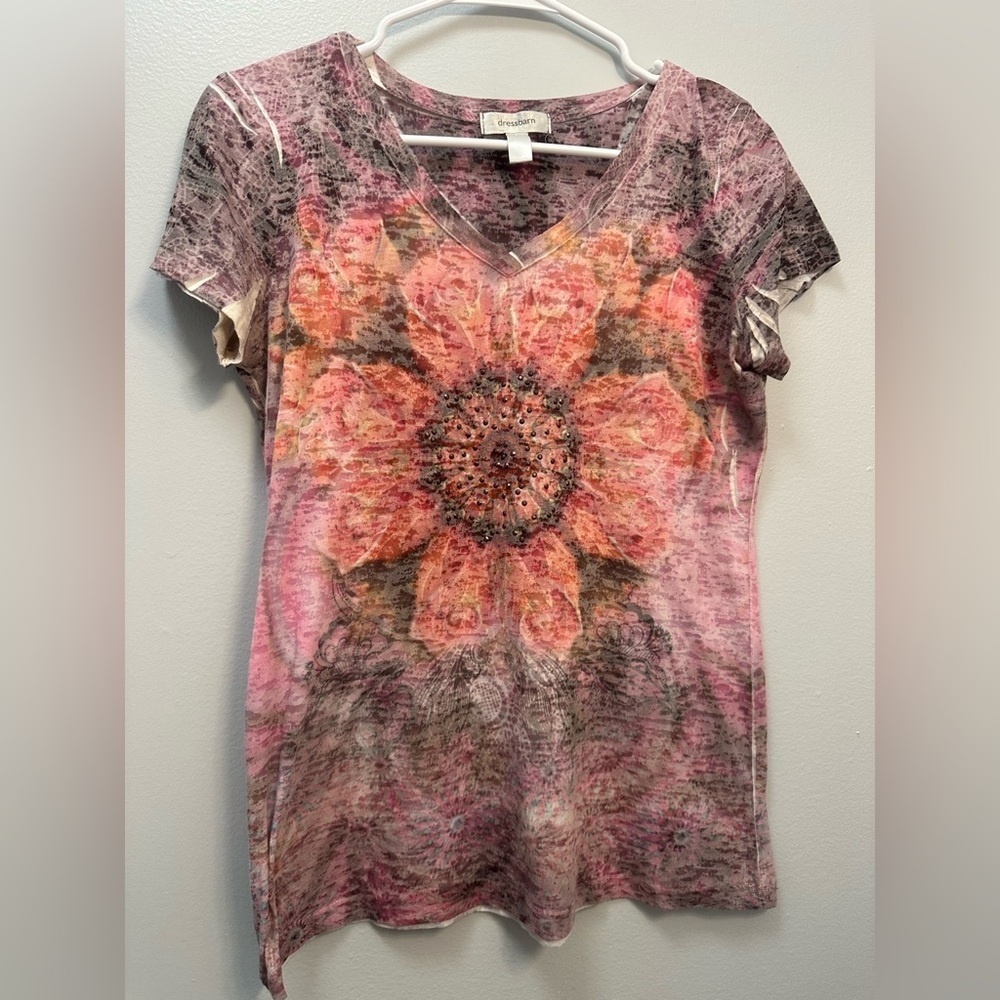 dressbarn Pink and Orange Floral V-Neck Tee
